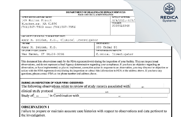 FDA 483 - Amer Zeidan [New Haven / United States of America] - Download PDF - Redica Systems