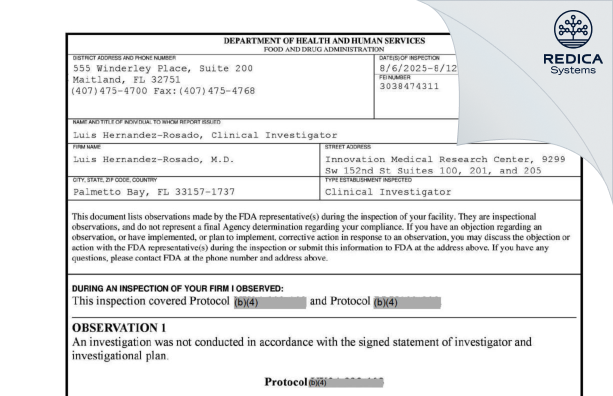 FDA 483 - Luis Hernandez-Rosado M.D. [Miami / United States of America] - Download PDF - Redica Systems