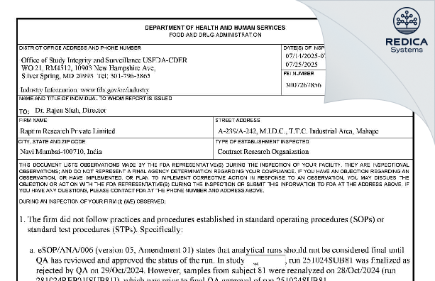 FDA 483 - Raptim Research Private Limited [Navi Mumbai / India] - Download PDF - Redica Systems