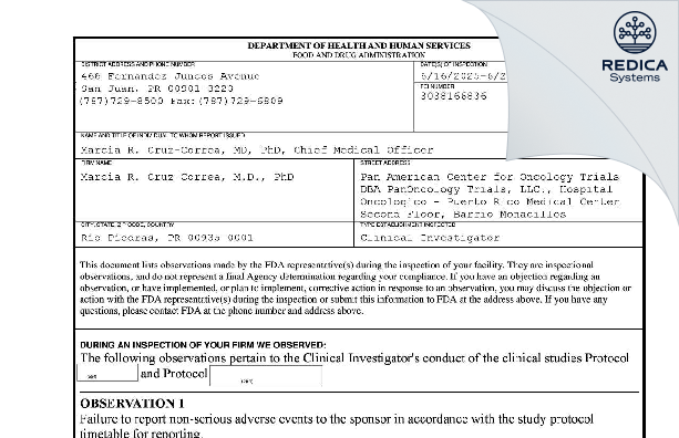 FDA 483 - Marcia Cruz-Correa M.D. [Pueblo Barrio / Puerto Rico] - Download PDF - Redica Systems