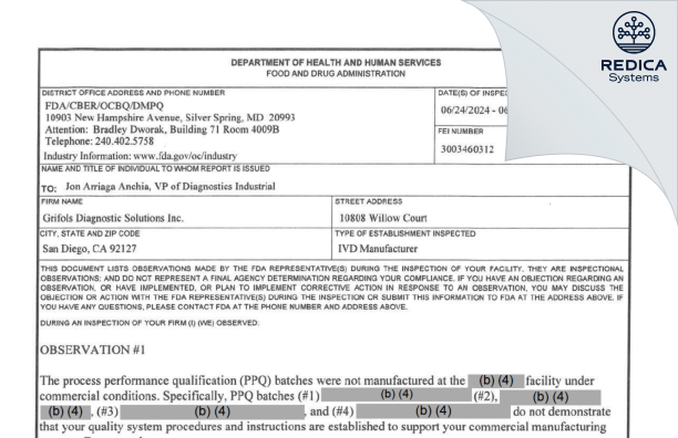 FDA 483 - Grifols Diagnostic Solutions Inc. [San Diego / United States of America] - Download PDF - Redica Systems