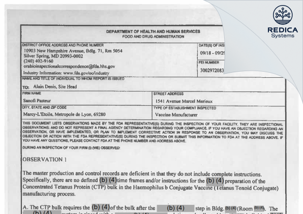 FDA 483 - Sanofi Pasteur [Marcy-L'étoile / France] - Download PDF - Redica Systems