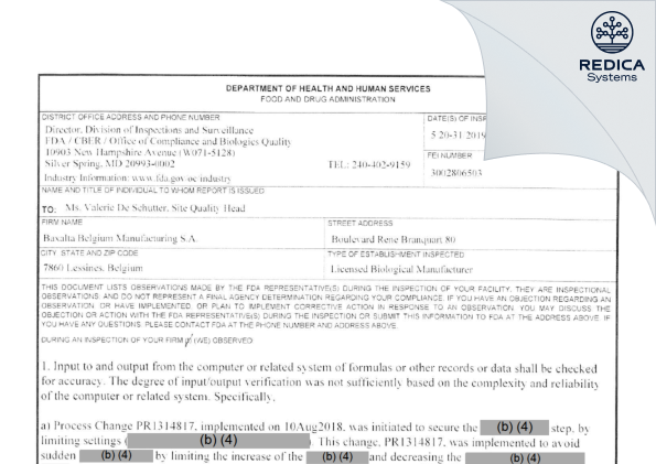 FDA 483 - Baxalta Belgium Manufacturing SA [Lessines / Belgium] - Download PDF - Redica Systems