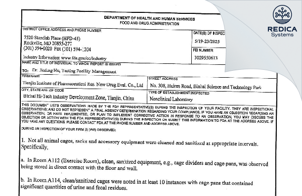 FDA 483 - Tianjin Institute of Pharmaceutical Research New Drug Evaluation Co. Ltd [Tanjin / China] - Download PDF - Redica Systems