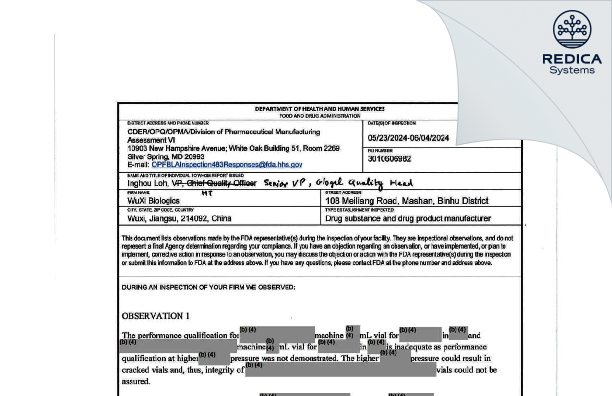 FDA 483 - WuXi Biologics Co., Ltd. [Wuxi / China] - Download PDF - Redica Systems