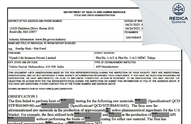 FDA 483 - Viyash Life Sciences Private Limited [Panvel / India] - Download PDF - Redica Systems