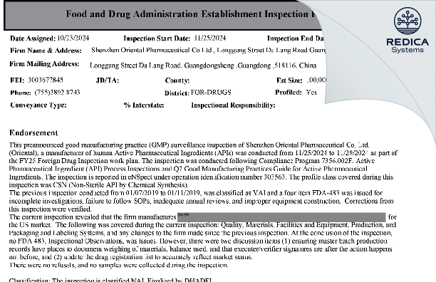 EIR - Shenzhen Oriental Pharmaceutical Co. Ltd [Dapeng / China] - Download PDF - Redica Systems
