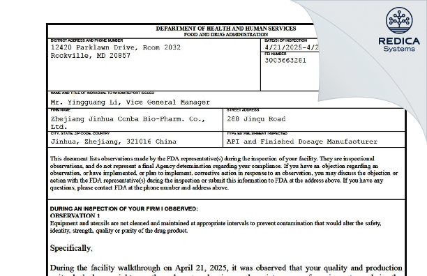 FDA 483 - Zhejiang Jinhua Conba Bio-Pharm. Co., Ltd. [Jinhua / China] - Download PDF - Redica Systems