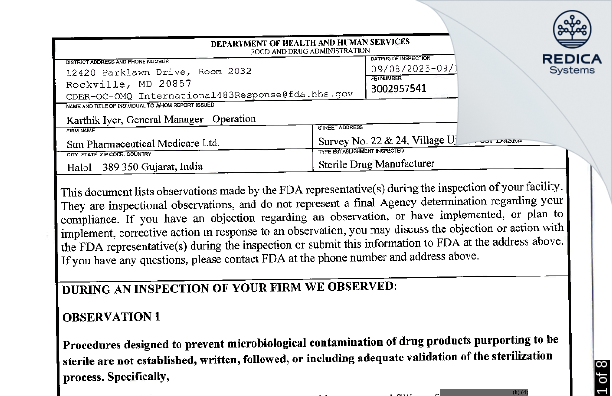 FDA 483 - Sun Pharmaceutical Medicare Limited [Halol / India] - Download PDF - Redica Systems