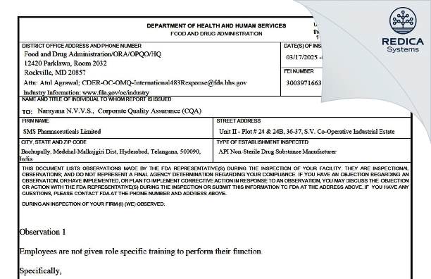 FDA 483 - SMS Pharmaceuticals Limited [Hyderabad / India] - Download PDF - Redica Systems