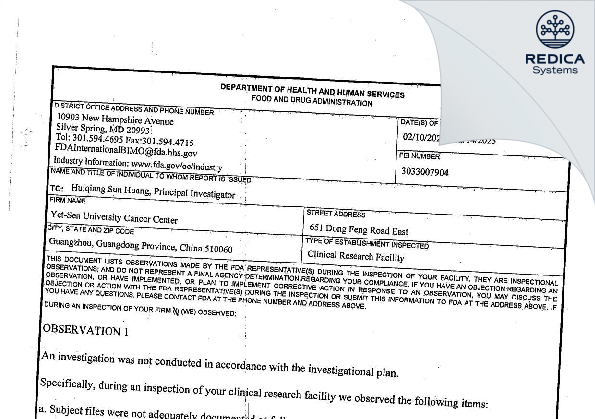 FDA 483 - Huiqiang Sun Huang [Guangzhou / China] - Download PDF - Redica Systems