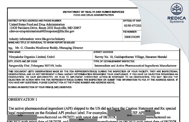 FDA 483 - Virupaksha Organics Limited [Jinnaram / India] - Download PDF - Redica Systems