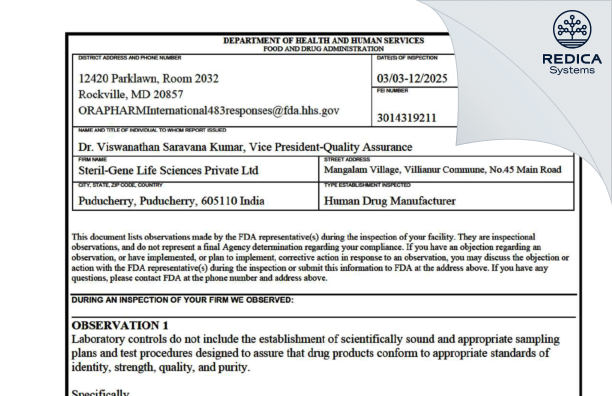 FDA 483 - Steril-Gene Life Sciences Private Limited [Puducherry / India] - Download PDF - Redica Systems