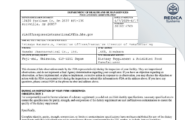 FDA 483 - Sunsho Pharmaceutical Co., Ltd. [Atsuhara / Japan] - Download PDF - Redica Systems