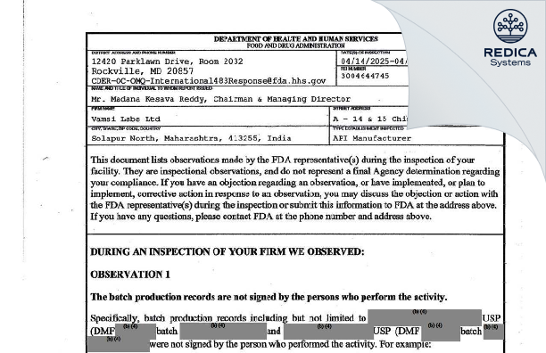 FDA 483 - Vamsi Labs Limited [Solapur North Sub-District / India] - Download PDF - Redica Systems