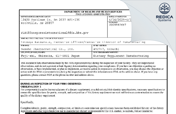 FDA 483 - Sunsho Pharmaceutical Co., Ltd. [Obuchi / Japan] - Download PDF - Redica Systems