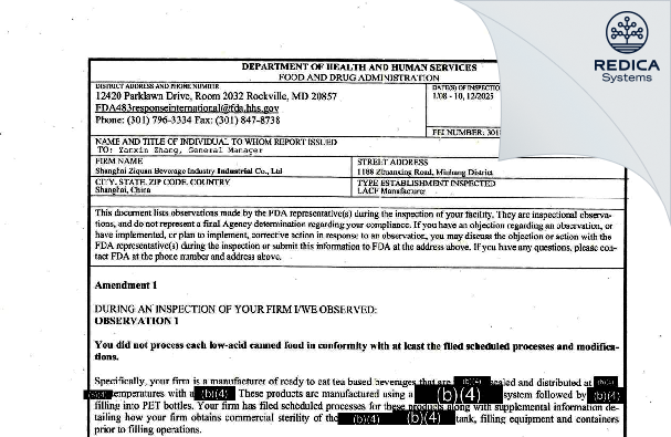 FDA 483 - Shanghai Ziquan Beverage Industrial Co., LTD. [Minhang / China] - Download PDF - Redica Systems