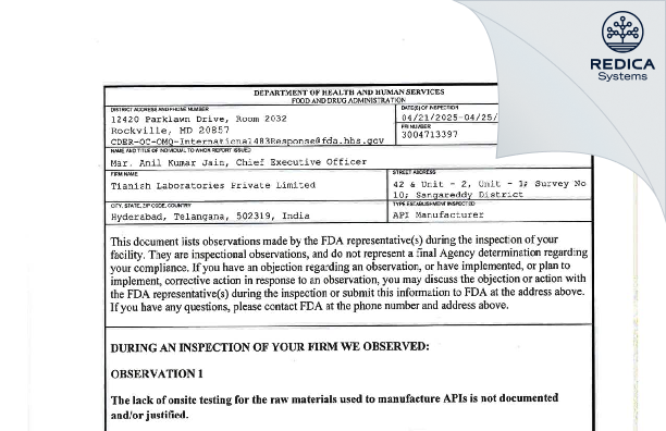 FDA 483 - Tianish Laboratories Private Limited [Hyderabad / India] - Download PDF - Redica Systems