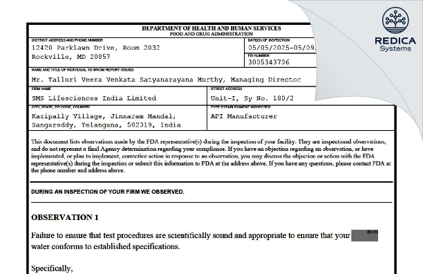 FDA 483 - SMS LIFESCIENCES INDIA LIMITED [Patancheru / India] - Download PDF - Redica Systems