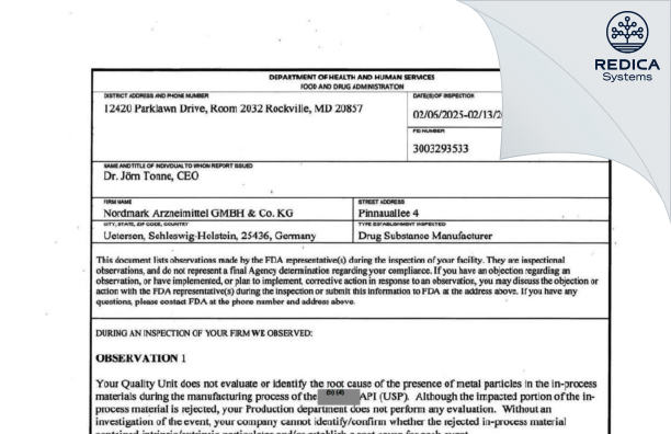 FDA 483 - Nordmark Pharma GmbH [Uetersen / Germany] - Download PDF - Redica Systems