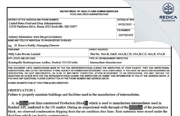 FDA 483 - Nifty Labs Private Limited [Visakhapatnam / India] - Download PDF - Redica Systems