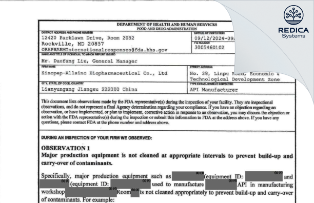 FDA 483 - Sinopep-Allsino Biopharmaceutical Co., Ltd. [Lianyungang / China] - Download PDF - Redica Systems