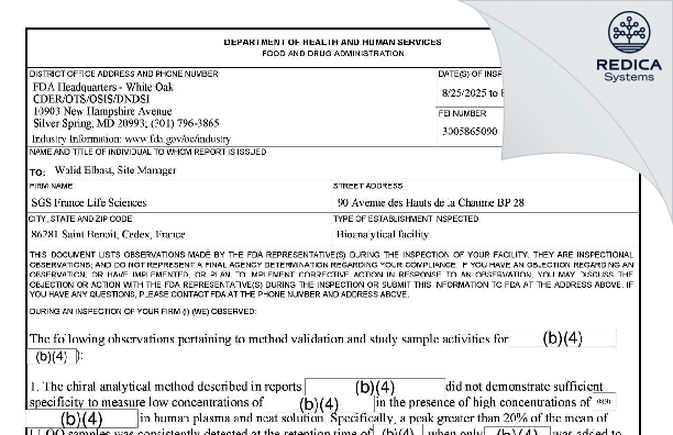 FDA 483 - SGS France [Arcueil / France] - Download PDF - Redica Systems