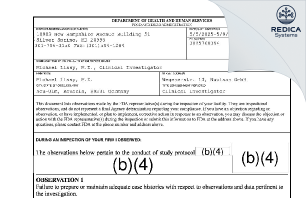 FDA 483 - Michael Lissy, M.D. [Neu-Ulm / Germany] - Download PDF - Redica Systems