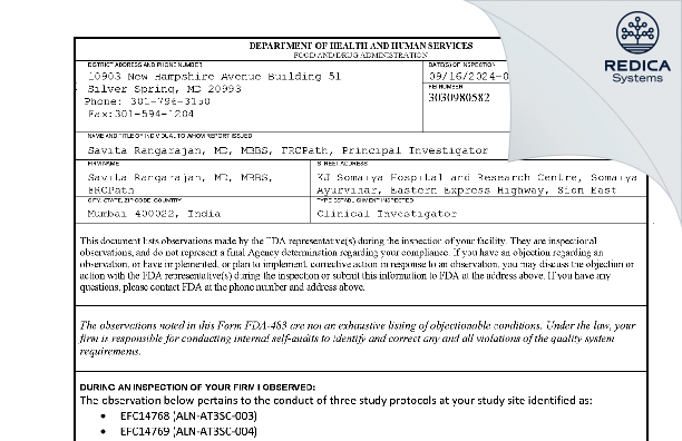 FDA 483 - Savita Rangarajan, MD, MBBS, FRCPath [Sion / India] - Download PDF - Redica Systems