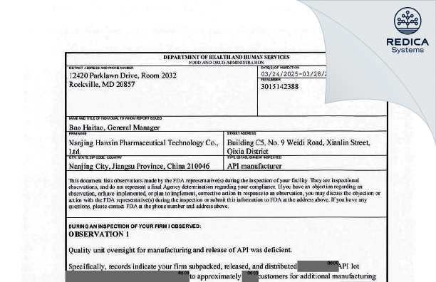 FDA 483 - Nanjing Hanxin Pharmaceutical Technology Co., Ltd. [Qixia / China] - Download PDF - Redica Systems