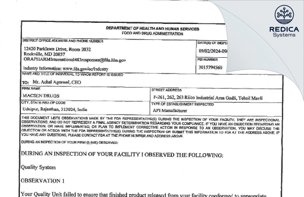 FDA 483 - MACSEN DRUGS [Mavli / India] - Download PDF - Redica Systems