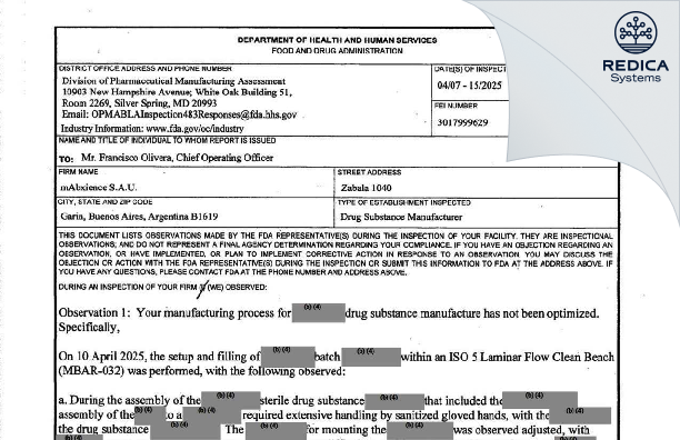 FDA 483 - MABXIENCE S.A.U. [Garín / Argentina] - Download PDF - Redica Systems