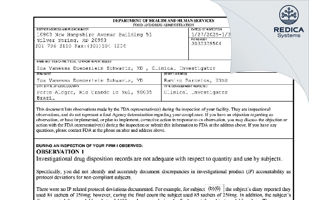 FDA 483 - Ida Vanessa Doederlein Schwartz, MD [Porto Alegre / Brazil] - Download PDF - Redica Systems