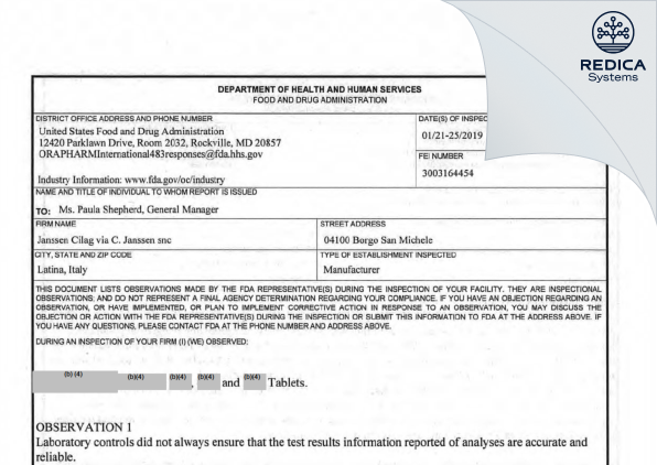 FDA 483 - Janssen Cilag SpA [Latina / Italy] - Download PDF - Redica Systems