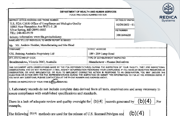 FDA 483 - CSL Behring (Australia) Pty Ltd [Melbourne / Australia] - Download PDF - Redica Systems