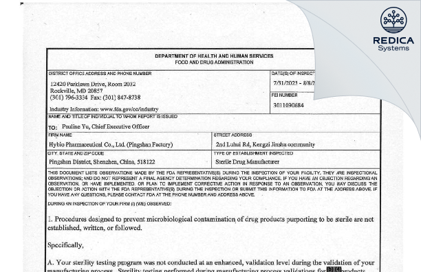 FDA 483 - Hybio Pharmaceutical Co., Ltd. (Pingshan Factory) [Pingshan District / China] - Download PDF - Redica Systems