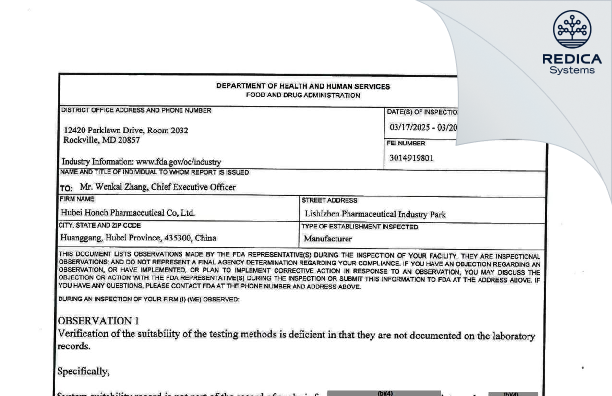 FDA 483 - Wuhan Humanwell Likang Pharmaceutical Co.,Ltd. [Wuhan / China] - Download PDF - Redica Systems