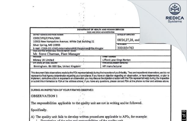 FDA 483 - Minteq U K LTD [Birmingham / United Kingdom of Great Britain and Northern Ireland] - Download PDF - Redica Systems