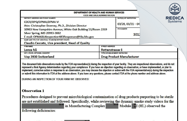 FDA 483 - LONZA VISP LONZA BIOPHARMA AG [Visp / Switzerland] - Download PDF - Redica Systems