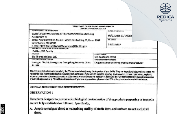 FDA 483 - Bio-Thera Solutions, Ltd. [Huangpu / China] - Download PDF - Redica Systems