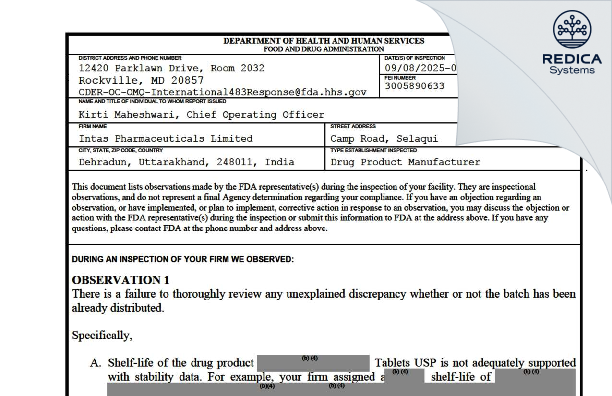 FDA 483 - Intas Pharmaceuticals Limited [Vikasnagar / India] - Download PDF - Redica Systems