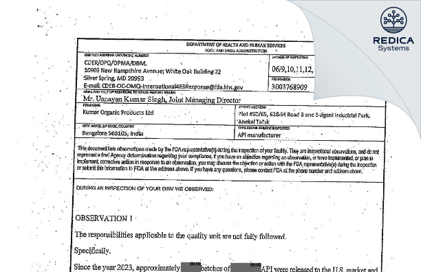 FDA 483 - Kumar Organic Products Limited [Bangalore / India] - Download PDF - Redica Systems