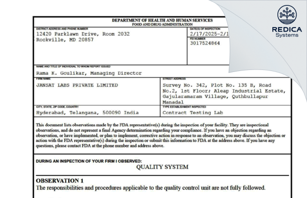 FDA 483 - JANSAT LABS PRIVATE LIMITED [Hyderabad / India] - Download PDF - Redica Systems
