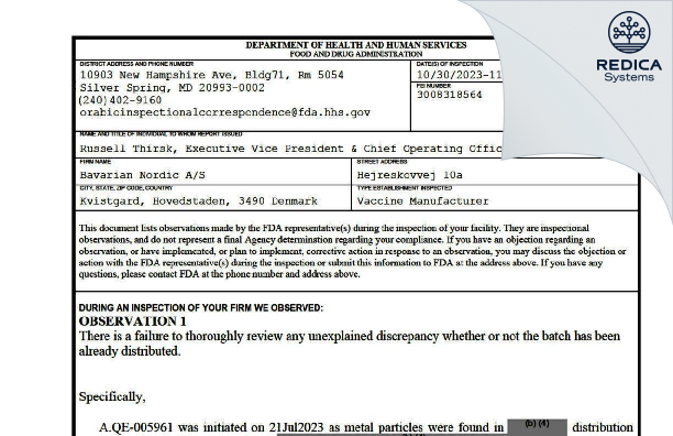 FDA 483 - Bavarian Nordic A/S [Kvistgård / Denmark] - Download PDF - Redica Systems