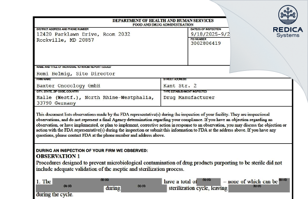 FDA 483 - Baxter Oncology GmbH [Halle (Westfalen) / Germany] - Download PDF - Redica Systems