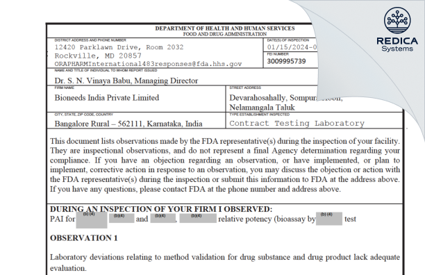 FDA 483 - BIONEEDS INDIA PRIVATE LIMITED [Nelamangala Up-Jila / India] - Download PDF - Redica Systems
