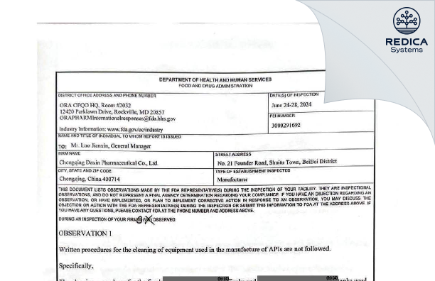 FDA 483 - Chongqing Daxin Pharmaceutical Co., Ltd. [Shuitu / China] - Download PDF - Redica Systems