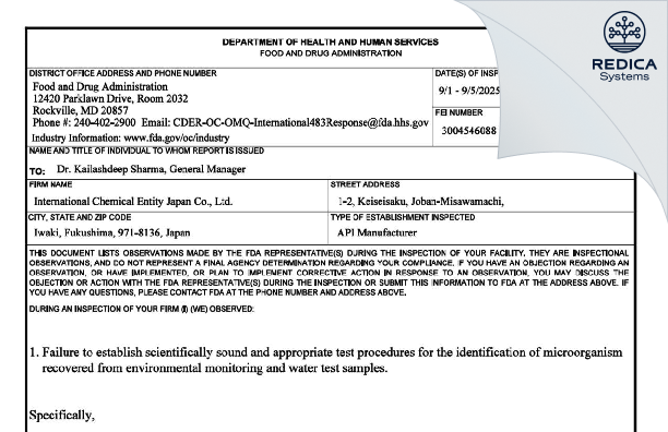 FDA 483 - International Chemical Entity Japan Co.,Ltd. [Jobammisawamachi / Japan] - Download PDF - Redica Systems