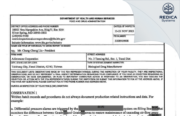 FDA 483 - ADIMMUNE CORPORATION [Tanzi District / Taiwan] - Download PDF - Redica Systems