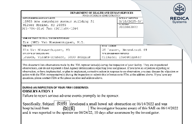 FDA 483 - Els Van Nieuwenhuysen, MD [Leuven / Belgium] - Download PDF - Redica Systems